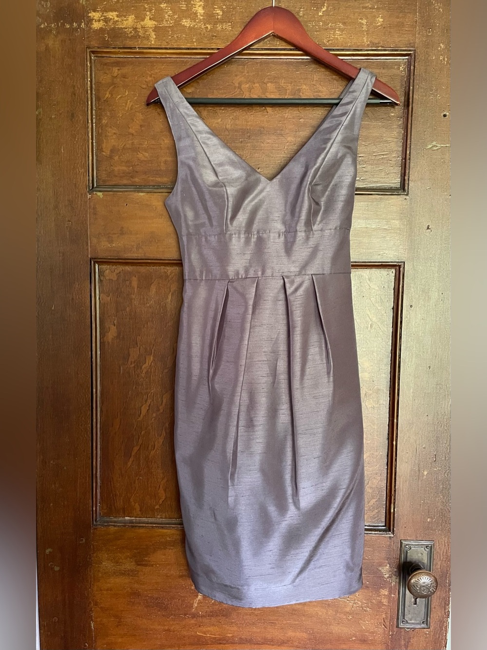 Jenny Yoo Shimmery Pewter V-Neck Sheath Dress
